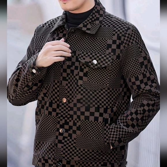 Men's Turn-Down Collar Checkerboard PU Leather Jacket, Business Style - Picture 5 of 5